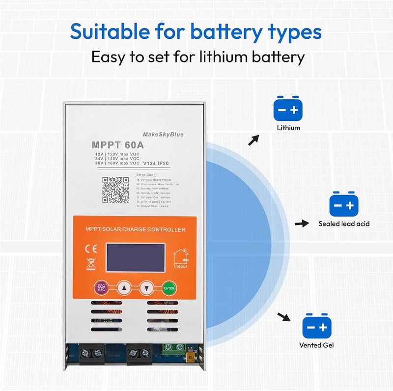MakeSkyBlue 60A MPPT Solar Charge Controller V124 – Upgraded, 12V/24V/48V Auto Detection, Supports Lead-Acid & Lithium Batteries, Max 160V PV Input - Image 3